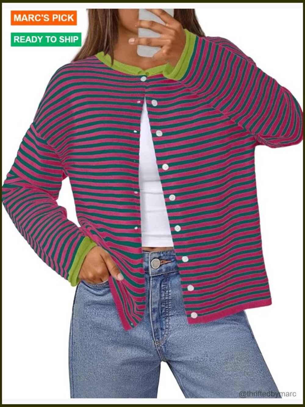 Striped Button Cardigan Sweater Lightweight Knit Long Sleeve Loose Fit Fall